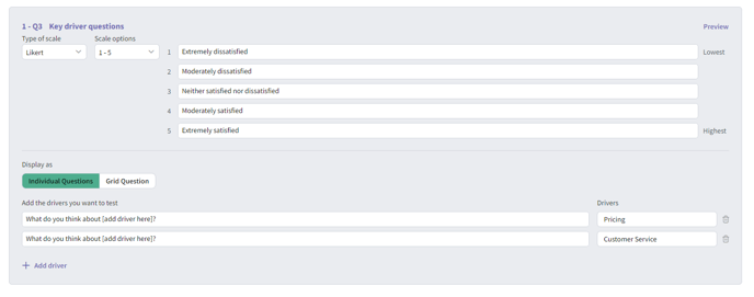 A sample of Key Driver Analysis questions from the SightX platform.