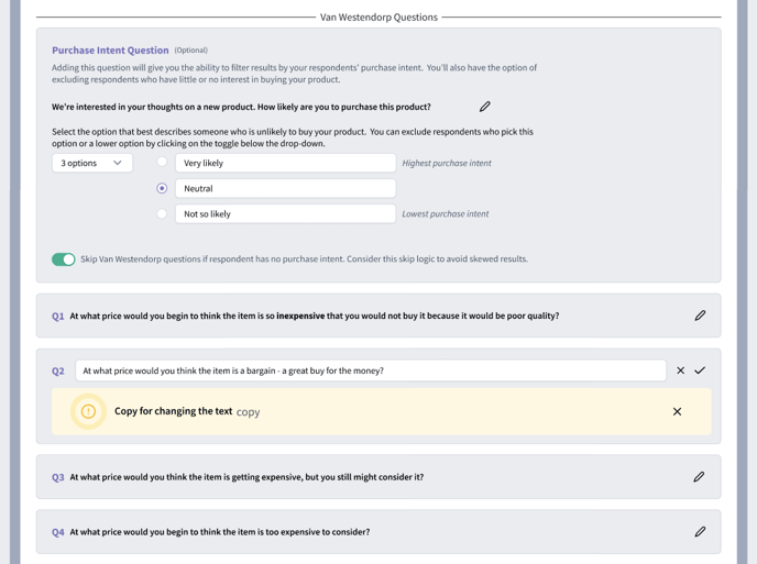 A preview of the Van Westendorp experiment within the SightX market research platform. 